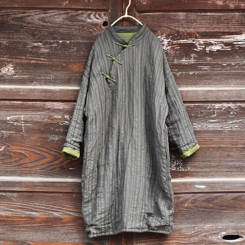 Drop Tail Hem Lightweight Insulation Technology Women Winter Retro Stripe Linen Quilted Overcoat