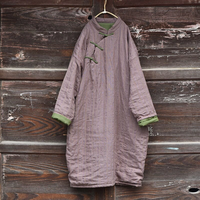 Sunday Walk Style Essential Style Women Winter Retro Stripe Linen Quilted Overcoat