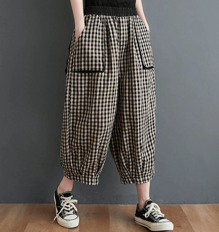 Large Pockets Plaid Elastic Waist Casual Cotton Linen Pants Airflow Fabric Size Stable
