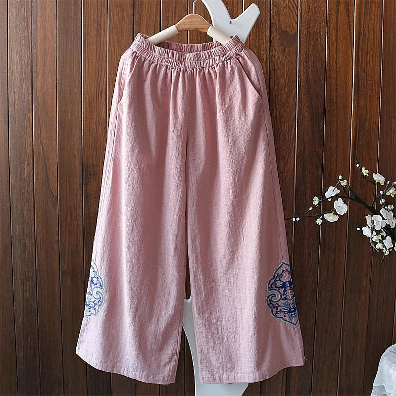 Women Autumn Linen Loose Embroidered Comfortable Pants Fast Drying Fluid motion