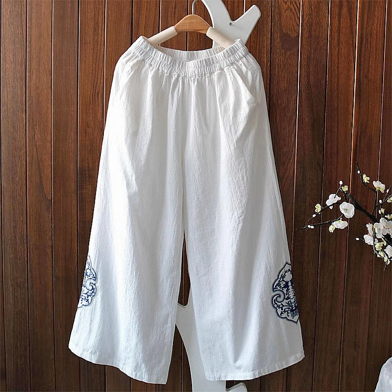 Women Autumn Linen Loose Embroidered Comfortable Pants No Wrinkles Sanitary Material