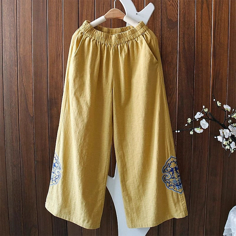 Women Autumn Linen Loose Embroidered Comfortable Pants Chafe prevention