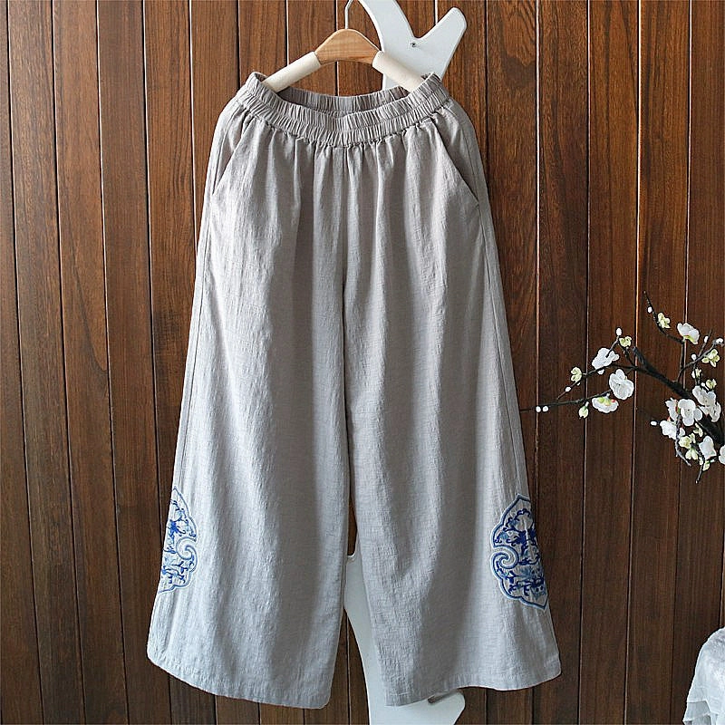quick dry Airflow Fabric Women Autumn Linen Loose Embroidered Comfortable Pants